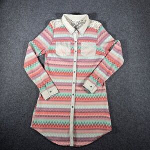 Miss Me Womens XL Southwestern Chevron Crochet Lace Back Button Down Tunic Top